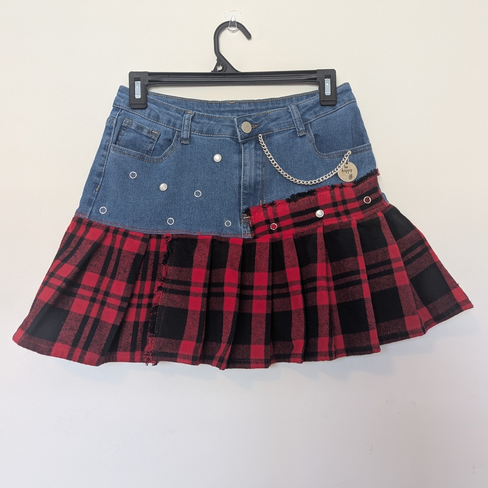 Trendy Denim and Red Plaid Mini Skirt with Chain Accent